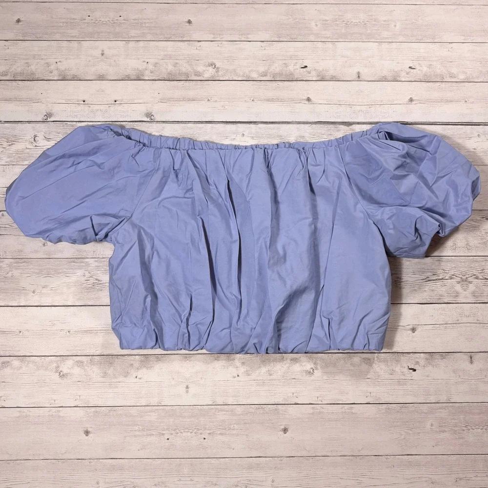 Banana Republic Blue Off The Shoulder Puff Sleeve Crop Top 701943-00-1 L